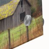 Close-up of a landscape barn acrylic glass art piece showcasing rich colors and intricate details, perfect for home decor enthusiasts seeking rustic charm and elegance.