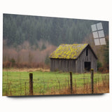Landscape acrylic glass design showcasing a modern barn scene, featuring vibrant colors and intricate details, ideal for home decor and art enthusiasts.