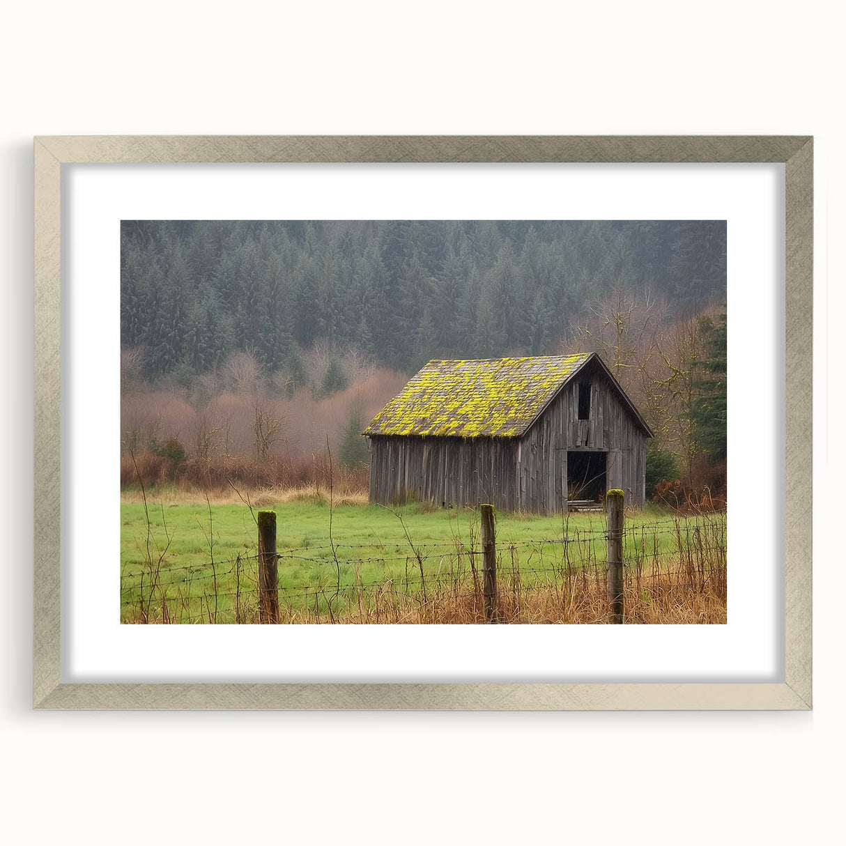 Landscape barn frame showcasing a sleek silver mat, designed for displaying artwork or photographs, viewed from the front with a modern aesthetic. Perfect for enhancing home decor.