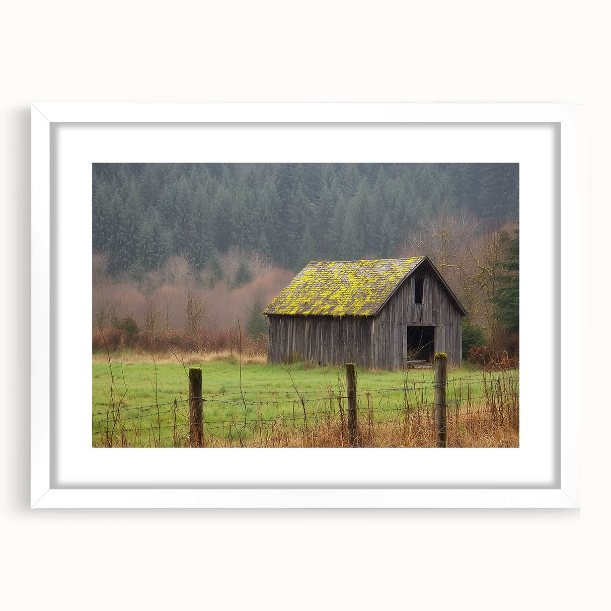 Barn frame design in a landscape orientation, featuring a sleek white mat and showcasing a rustic aesthetic, perfect for enhancing home decor. The sturdy construction ensures durability while adding a touch of elegance to any room.