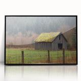Framed acrylic art piece showcasing a vibrant landscape design, featuring a barn in rich colors, perfect for home decor and rustic aesthetics.