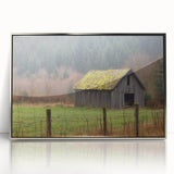 Framed acrylic artwork of a serene landscape featuring a rustic barn, presented in a silver frame. Ideal for enhancing home decor with a touch of nature.