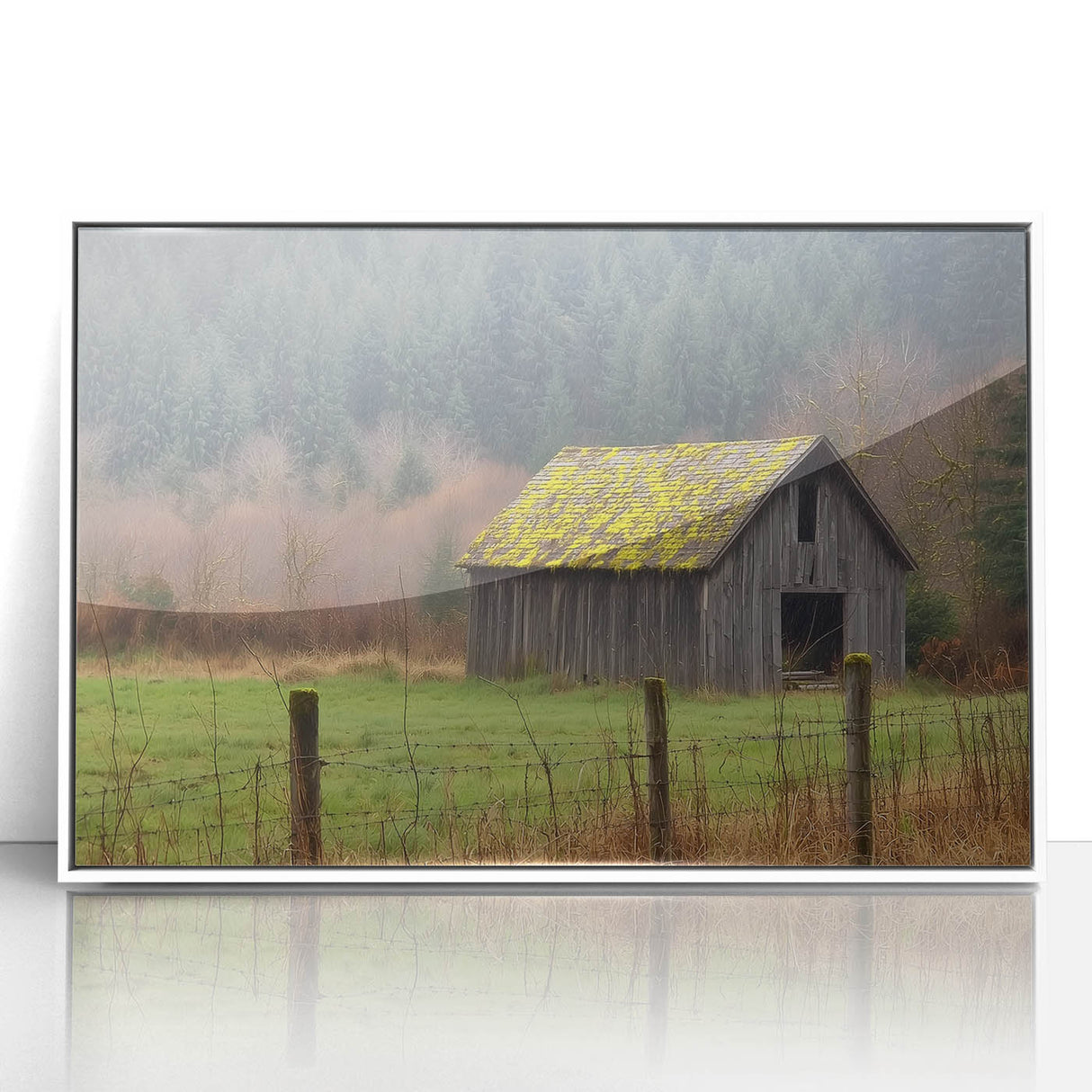 Framed acrylic wall art showcasing a serene landscape scene with vibrant colors and a sleek white frame, perfect for enhancing home decor.