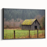 Landscape barn-framed canvas showcasing a rustic black design with a textured finish, perfect for enhancing home decor or art collections. Ideal for farmhouse aesthetics.