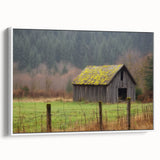 Barn-themed landscape canvas print in a white frame, showcasing vibrant colors and detailed scenery, perfect for rustic home decor and art enthusiasts.