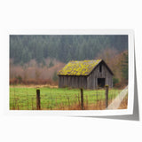 Rolled print showcasing a vibrant landscape of a rustic barn under a blue sky, designed for home decor, elegantly packaged in a protective cardboard tube.