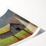 Landscape barn rolled print showcasing a serene rural scene with a red barn, lush green fields, and a clear blue sky, packaged securely in a protective tube.