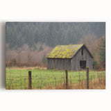 Landscape barn stretched canvas artwork showcasing a vibrant rural scene with a rustic barn, green fields, and a bright blue sky, perfect for home decor.
