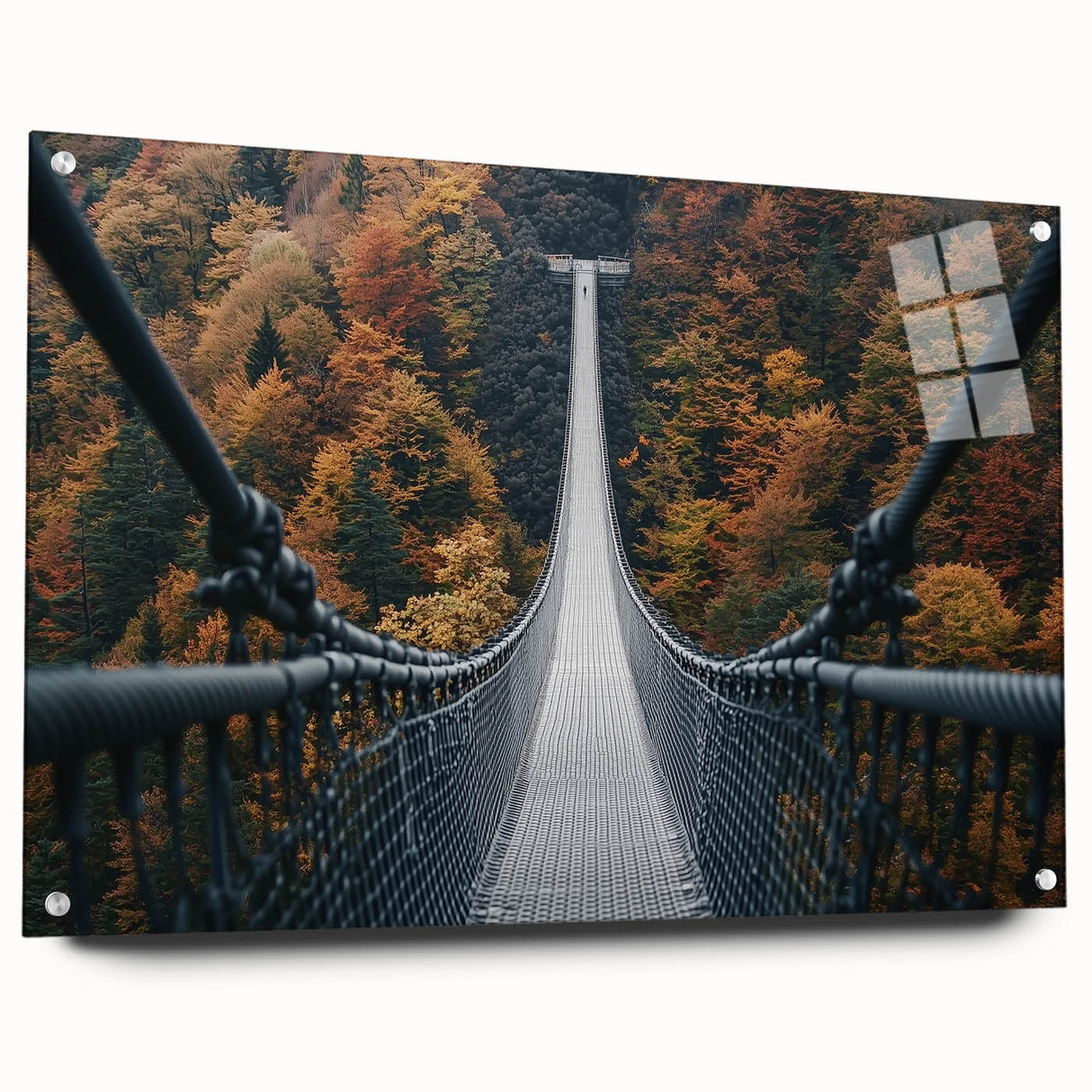 Acrylic glass landscape bridge design showcasing a side view with visible pins, featuring vibrant colors and intricate details, perfect for contemporary decor.
