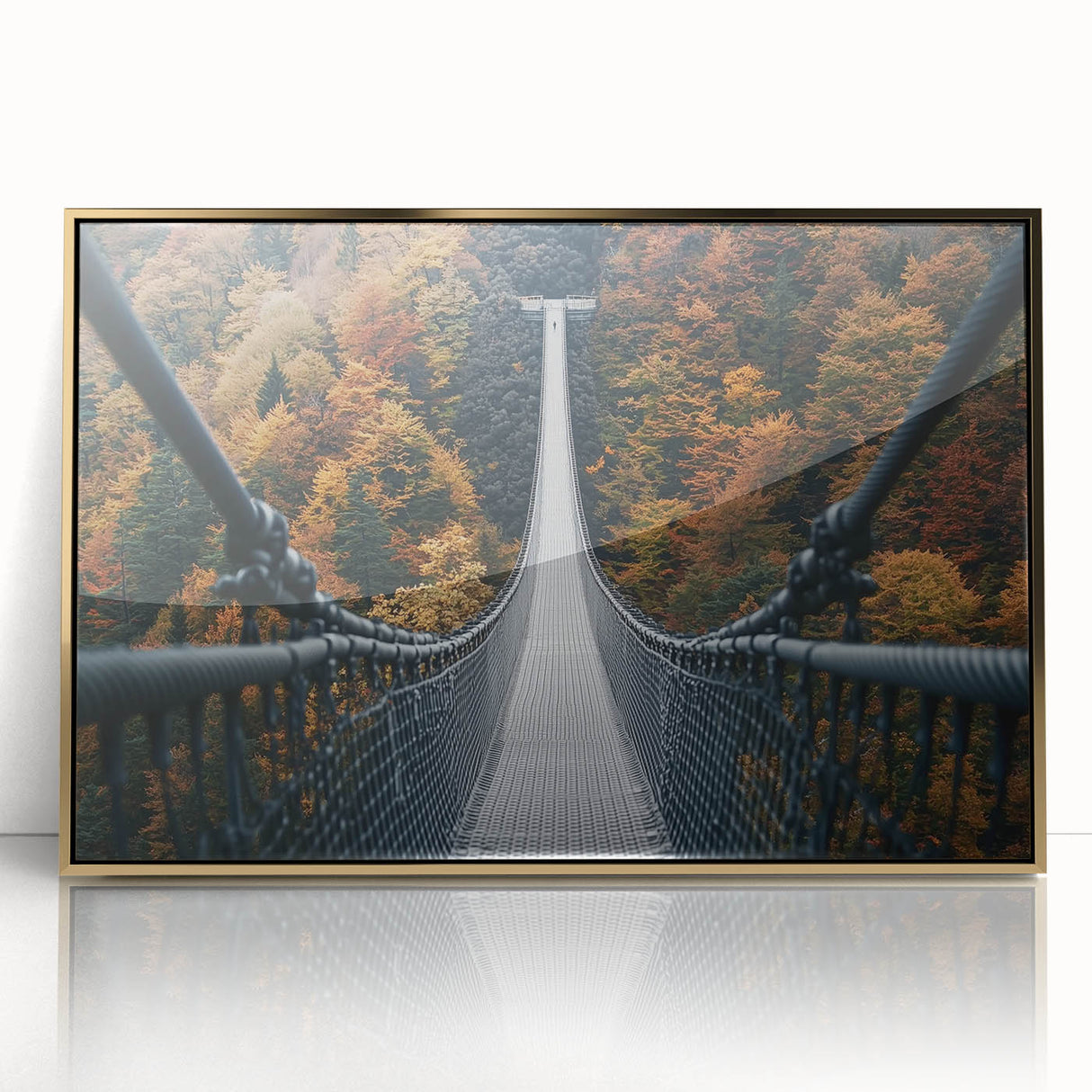 Framed acrylic artwork titled "Landscape Bridge" showcasing a vibrant gold design, emphasizing natural elements and serene aesthetics, perfect for home decor.