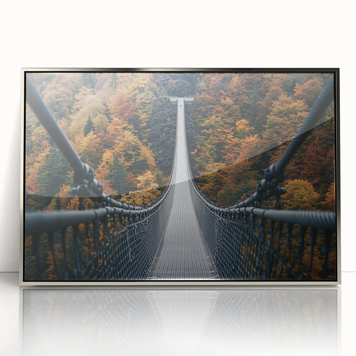 Framed acrylic artwork showcasing a vibrant landscape bridge scene, featuring lush greenery and a serene waterway. Ideal for modern home decor, this piece adds elegance to any space.