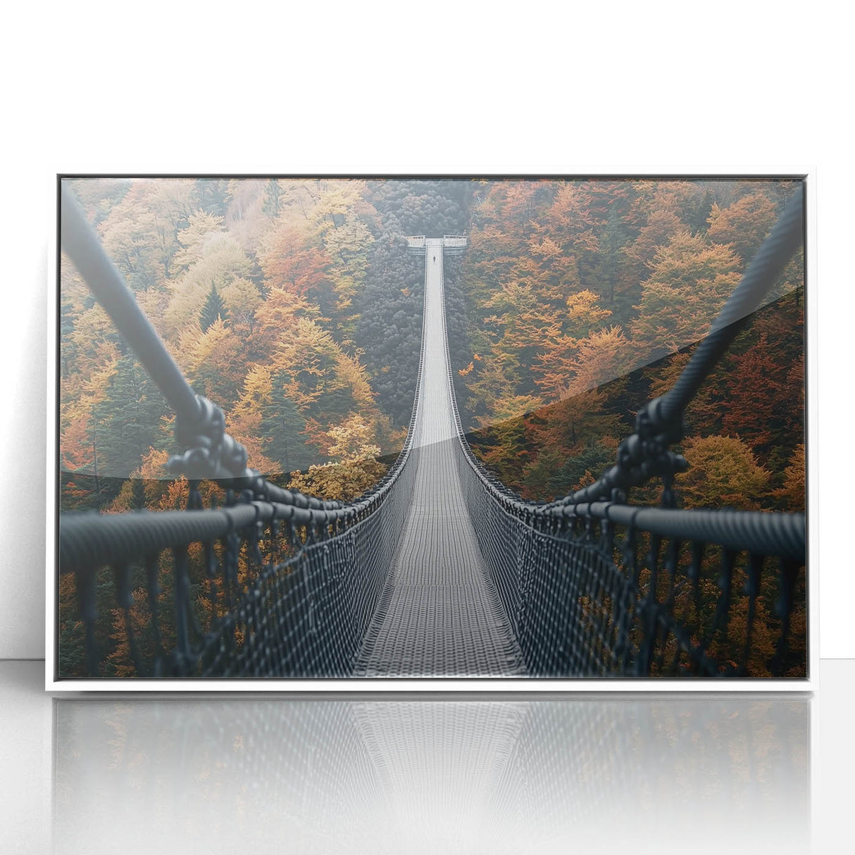 Framed acrylic artwork depicting a serene landscape with a bridge, featuring vibrant colors and intricate details, perfect for home decor and enhancing ambiance.