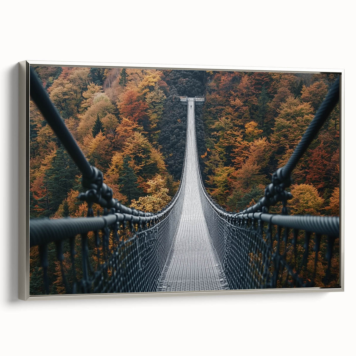 Framed canvas artwork of a landscape bridge in silver, showcasing intricate detailing and rich colors, perfect for enhancing home decor with a nature-inspired theme.