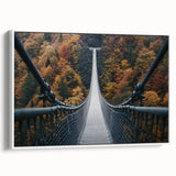 Framed canvas artwork of a scenic landscape bridge, showcasing vibrant colors and intricate details, set against a white background for a modern aesthetic.