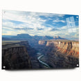 Acrylic glass artwork depicting vibrant landscape canyons in rich colors, showcased from a side view with decorative pins for easy hanging. Ideal for enhancing modern home decor.