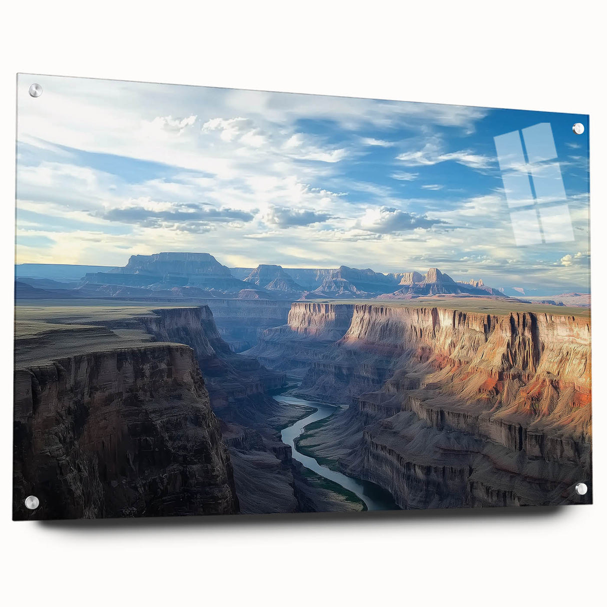 Acrylic glass artwork depicting vibrant landscape canyons in rich colors, showcased from a side view with decorative pins for easy hanging. Ideal for enhancing modern home decor.