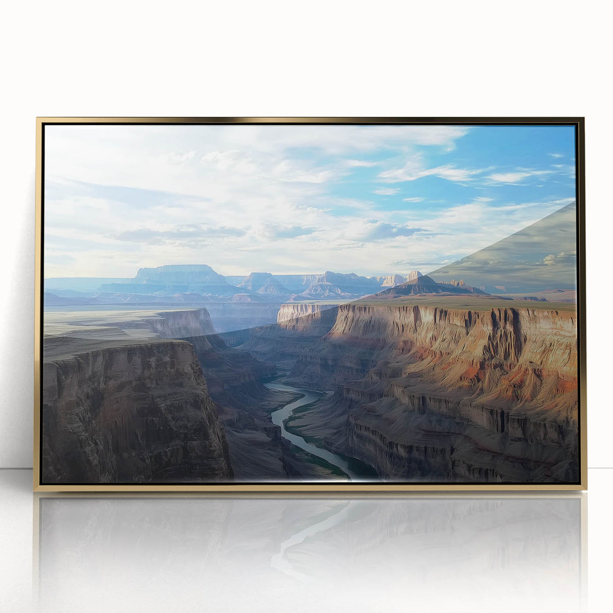 Framed acrylic art piece showcasing a stunning landscape of canyons in rich gold tones, perfect for modern home decor and enhancing living spaces.