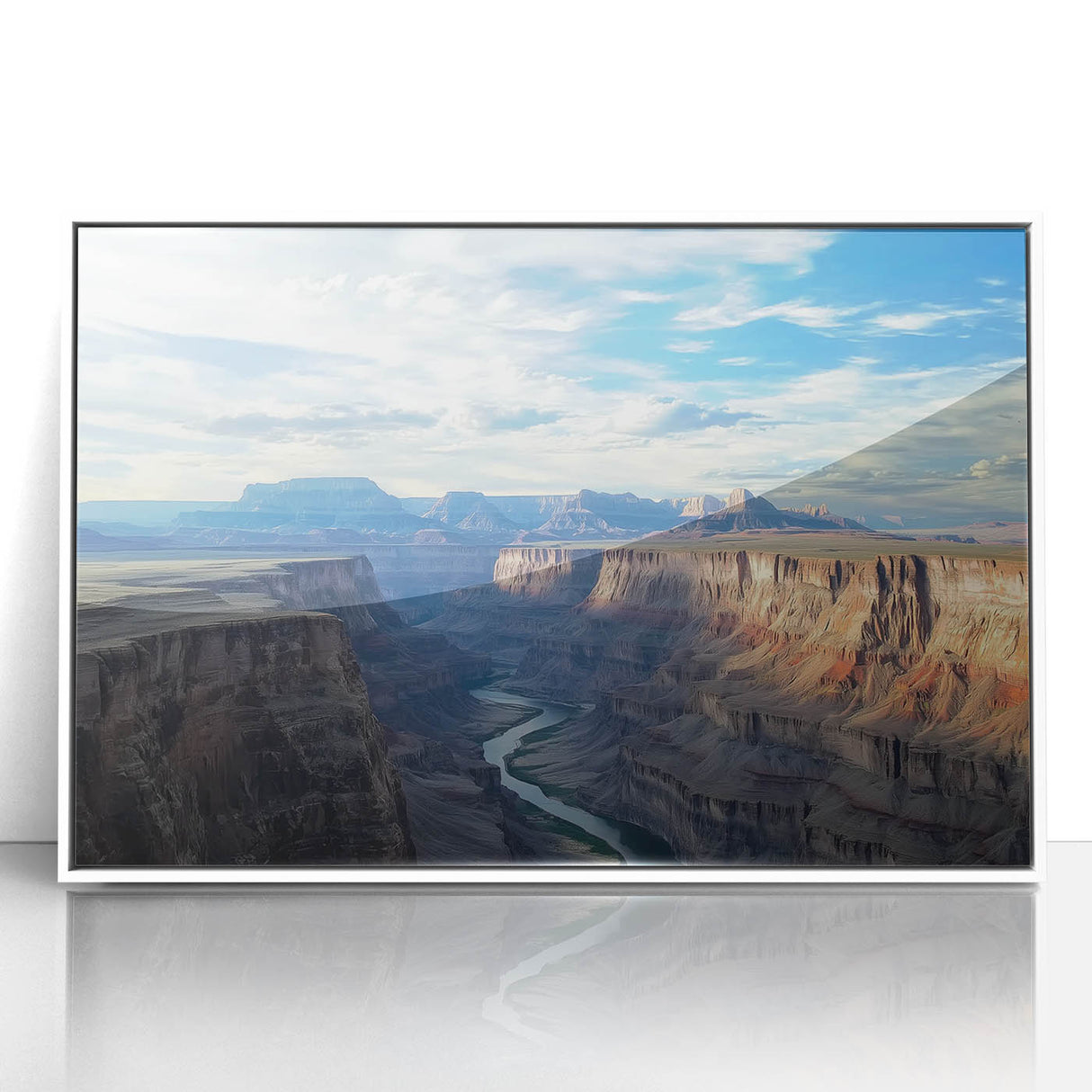 Framed acrylic landscape artwork showcasing vibrant canyons in warm hues, featuring a sleek white frame, perfect for modern home decor. Ideal for art enthusiasts seeking nature-inspired decor.