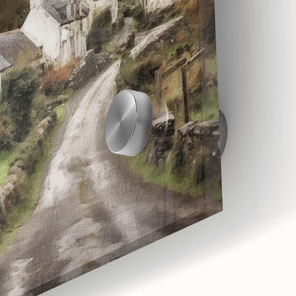 Close-up of vibrant landscape wall art showcasing a serene countryside scene, printed on acrylic glass with rich colors and fine details, perfect for home decor.