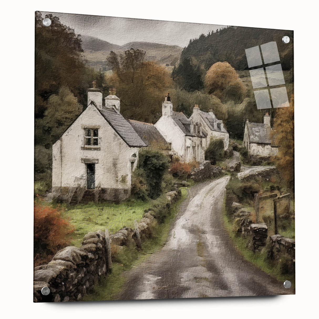 Landscape wall art depicting a serene countryside scene, showcased in a sleek acrylic frame with visible pins, ideal for home decor enhancement.