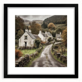 Black-framed landscape wall art depicting a serene countryside scene with vibrant greenery and soft clouds, elegantly matted for a polished look. Ideal for home decor.