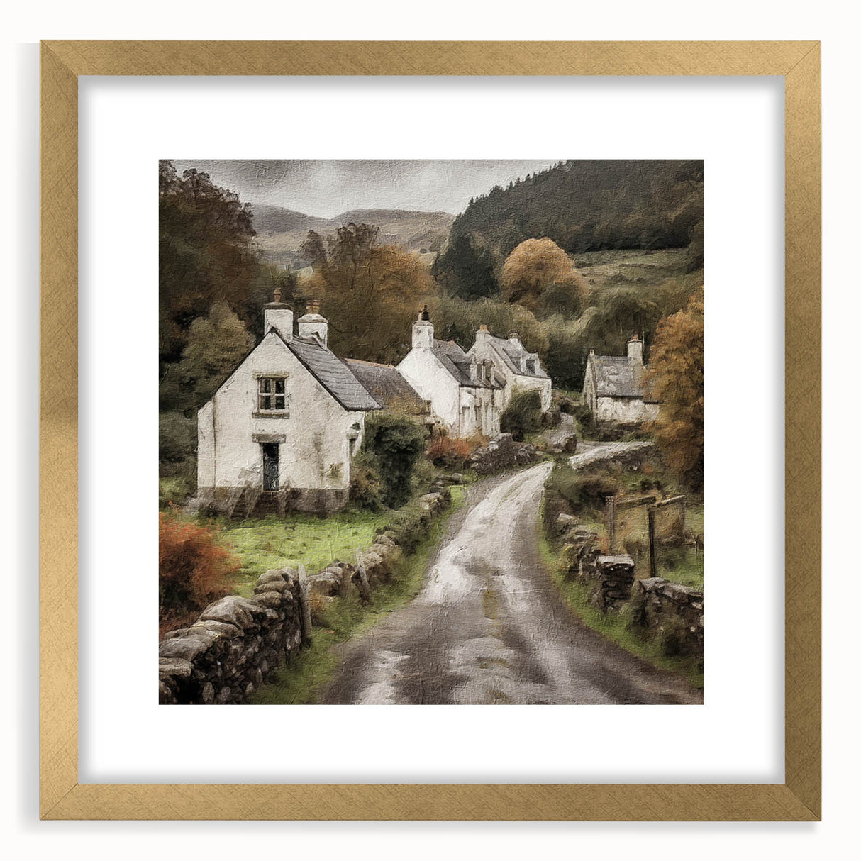 Framed landscape wall art showcasing a serene countryside scene with vibrant greens and blues, featuring a gold mat for an elegant touch, ideal for home decor.