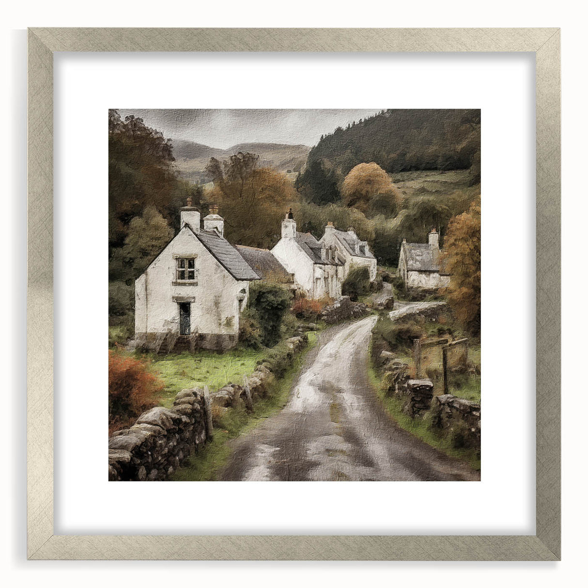 Framed landscape wall art featuring a serene countryside scene with vibrant greens and a soft blue sky, elegantly presented with a silver mat for a modern touch.