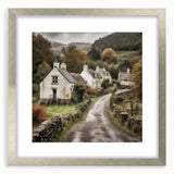 Framed landscape wall art featuring a serene countryside scene with vibrant greens and a soft blue sky, elegantly presented with a silver mat for a modern touch.