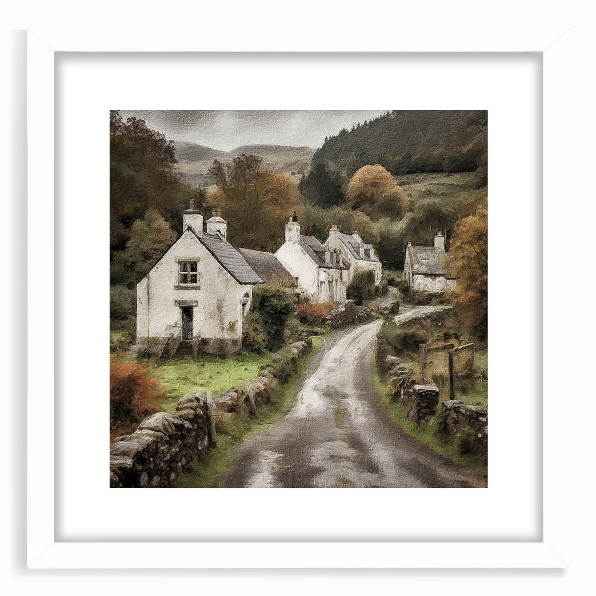 Landscape wall art framed in white matting, showcasing a serene countryside scene with lush greenery and rolling hills, ideal for home decor enhancement.
