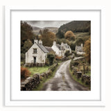 Landscape wall art framed in white matting, showcasing a serene countryside scene with lush greenery and rolling hills, ideal for home decor enhancement.