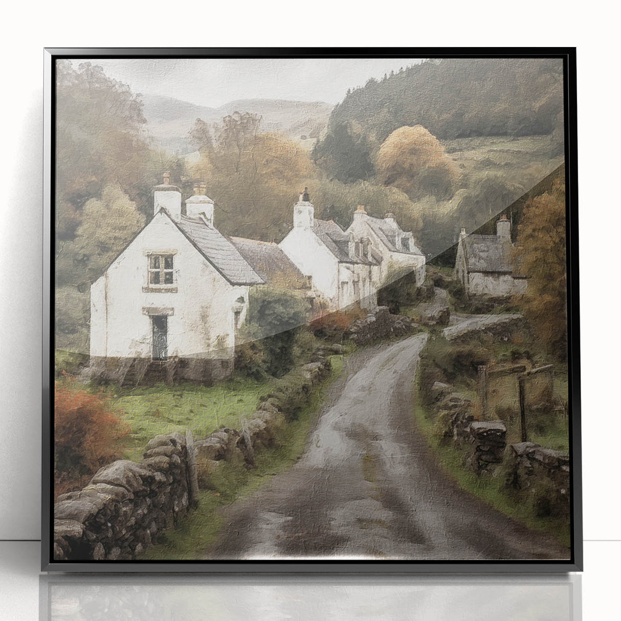 Framed acrylic wall art showcasing a serene countryside landscape, featuring lush green fields and a clear blue sky, perfect for home decor enhancement.