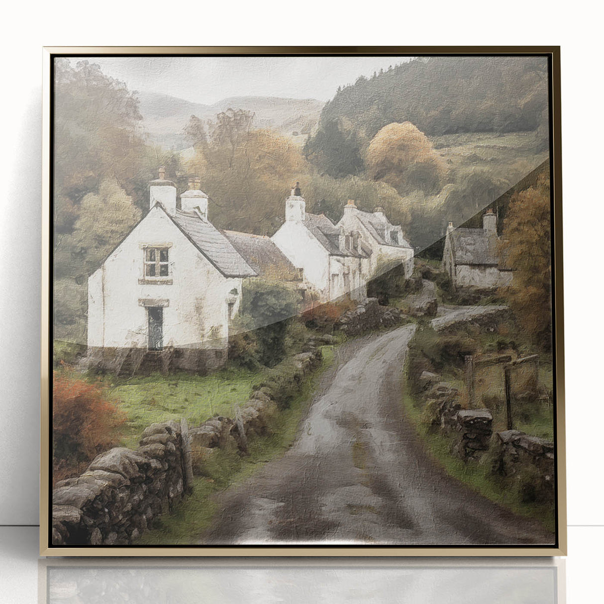 Framed landscape wall art depicting a serene countryside scene with vibrant green fields and a golden acrylic front, perfect for home decor enhancement.