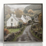 Framed acrylic wall art depicting a serene countryside landscape with lush green fields, a clear blue sky, and silver framing, ideal for home decor.
