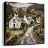 Framed landscape wall art depicting a serene countryside scene with lush greenery and rolling hills, presented in a sleek black frame to enhance decor.