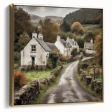 Framed landscape wall art depicting a serene countryside scene with vibrant greenery and a soft sunset, featuring silver and gold accents for a touch of elegance.