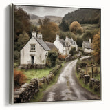 Framed landscape wall art of a serene countryside scene, featuring lush green fields and a clear blue sky, with a sleek silver frame highlighting the artwork.
