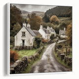 Framed landscape wall art depicting a serene countryside scene with lush green fields and a clear blue sky, showcased from a white side view. Perfect for home decor.