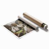 Rolled print of a vibrant countryside landscape wall art featuring lush green fields and a clear blue sky, ideal for home decor. Packaged securely in a cardboard tube.