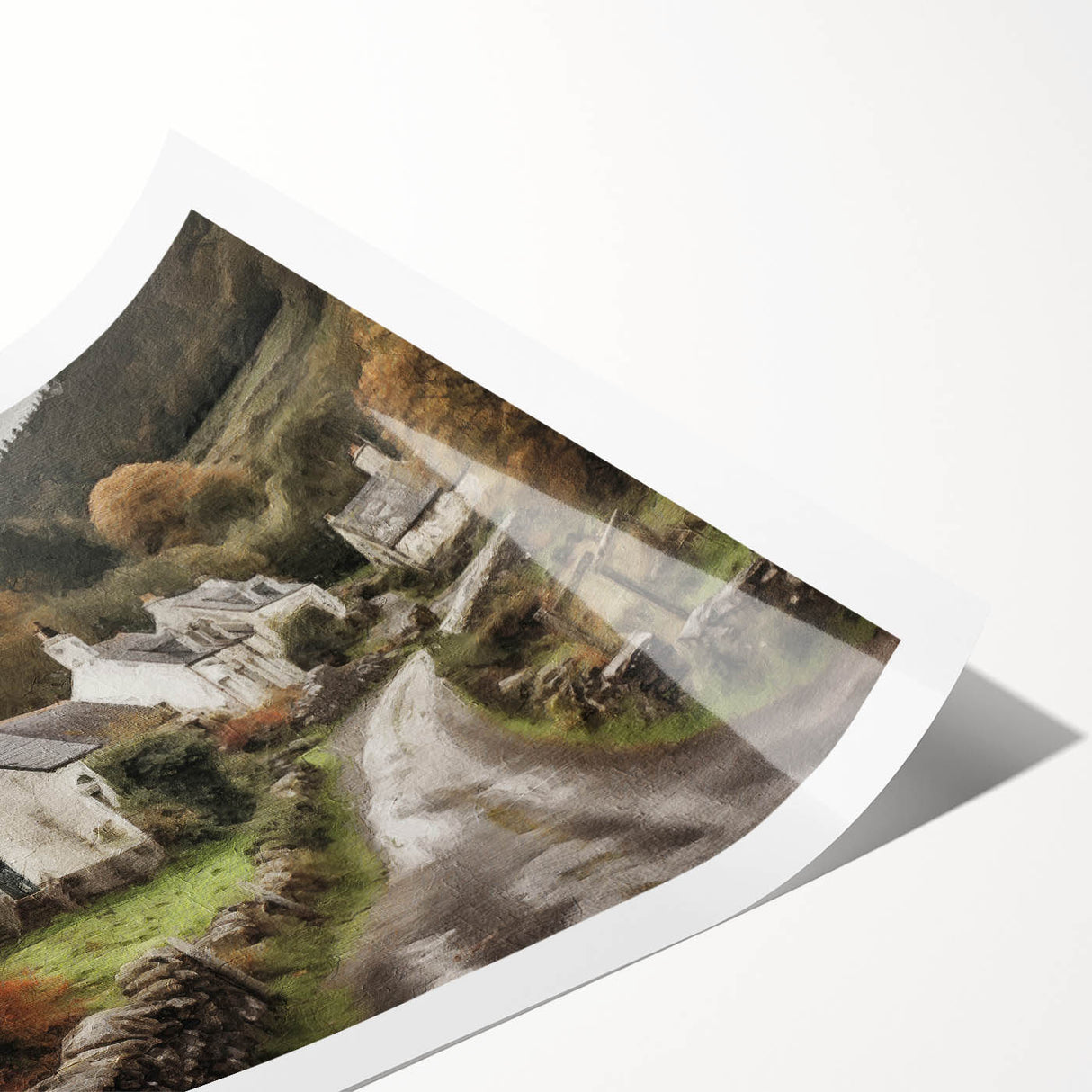 Landscape countryside wall art print showcasing vibrant green fields and distant hills under a bright blue sky, rolled for easy shipping and display.