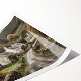 Landscape countryside wall art print showcasing vibrant green fields and distant hills under a bright blue sky, rolled for easy shipping and display.