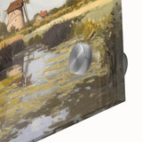 Close-up of a vibrant acrylic landscape artwork displayed on glass, showcasing rich colors and intricate details, perfect for modern home decor.