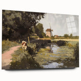 Acrylic glass landscape artwork showcasing a vibrant scene with bold colors, displayed from the side to highlight its sleek design without visible pins. Ideal for modern home decor.