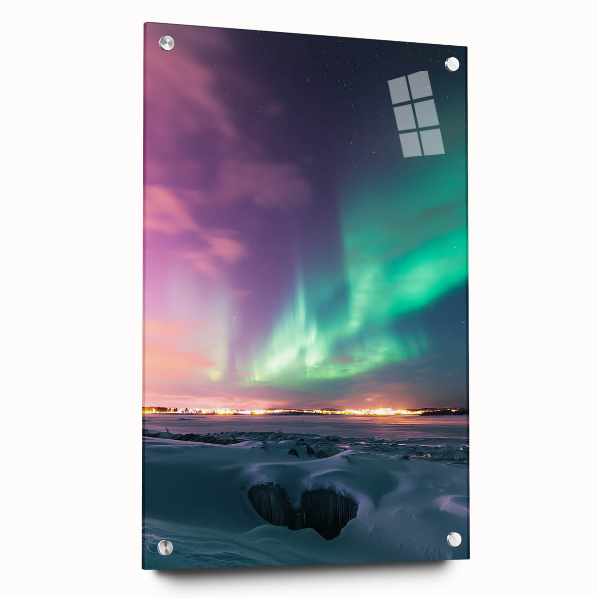 Acrylic glass artwork displaying a vibrant countryside landscape design, featuring lush green fields and rolling hills, showcased from a side view with decorative pins.