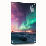 Acrylic glass artwork displaying a vibrant countryside landscape design, featuring lush green fields and rolling hills, showcased from a side view with decorative pins.