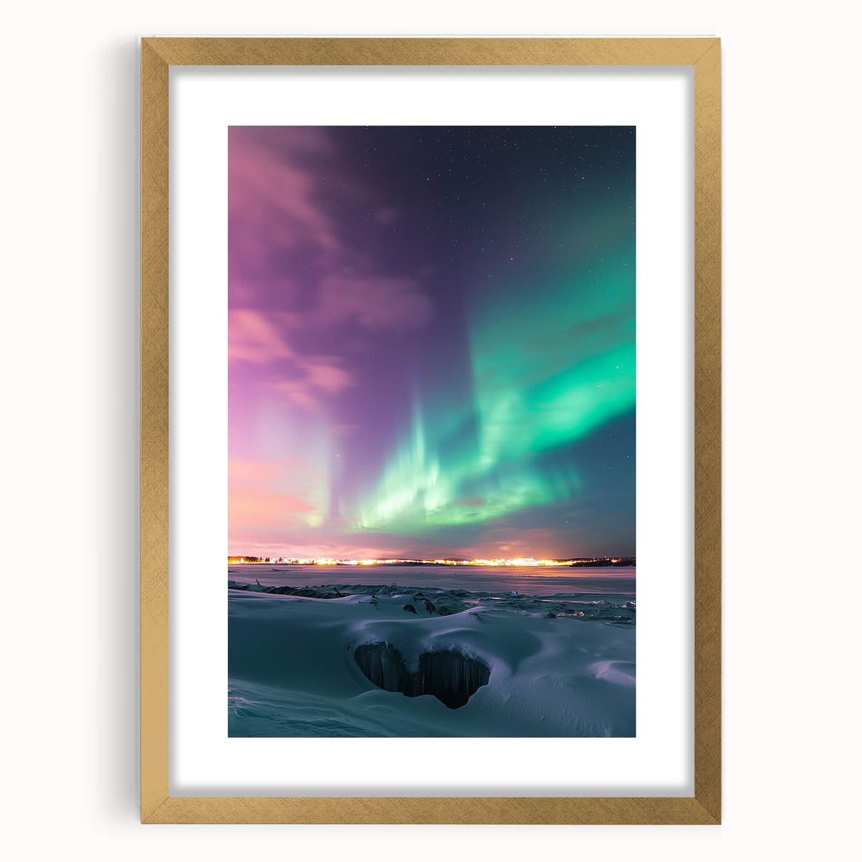 Elegant gold-framed landscape artwork depicting a serene countryside scene, featuring lush greenery and rolling hills, perfect for home decor.