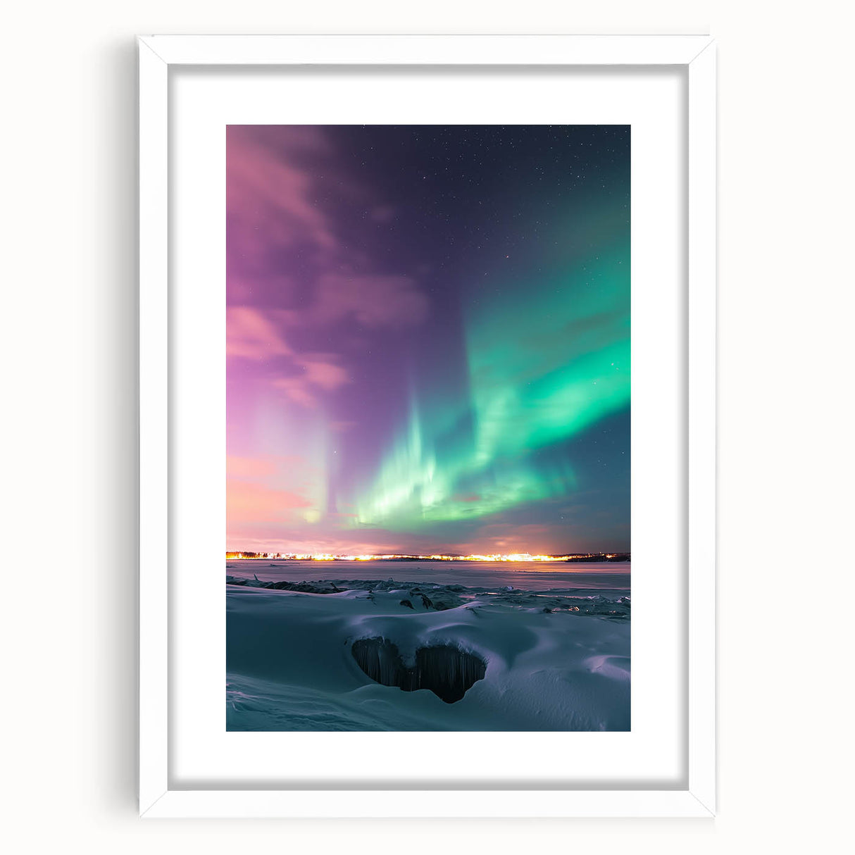 Framed landscape artwork depicting a serene countryside scene in vibrant colors, featuring a white mat, perfect for enhancing home decor and adding a touch of nature.