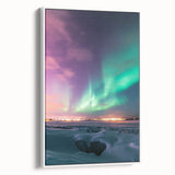 Framed canvas print displaying a serene countryside landscape with vibrant green fields and a clear blue sky, showcasing a white frame from a side view. This artwork enhances home decor with its tranquil and nature-inspired aesthetic.