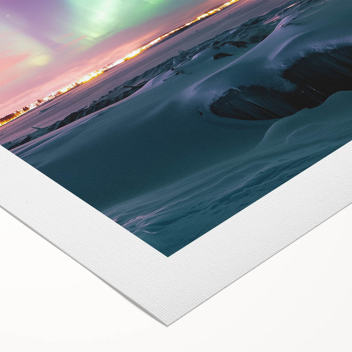 Rolled canvas art depicting a serene countryside landscape with rolling hills and a vibrant sunset, elegantly packaged in a protective cardboard tube for shipping.