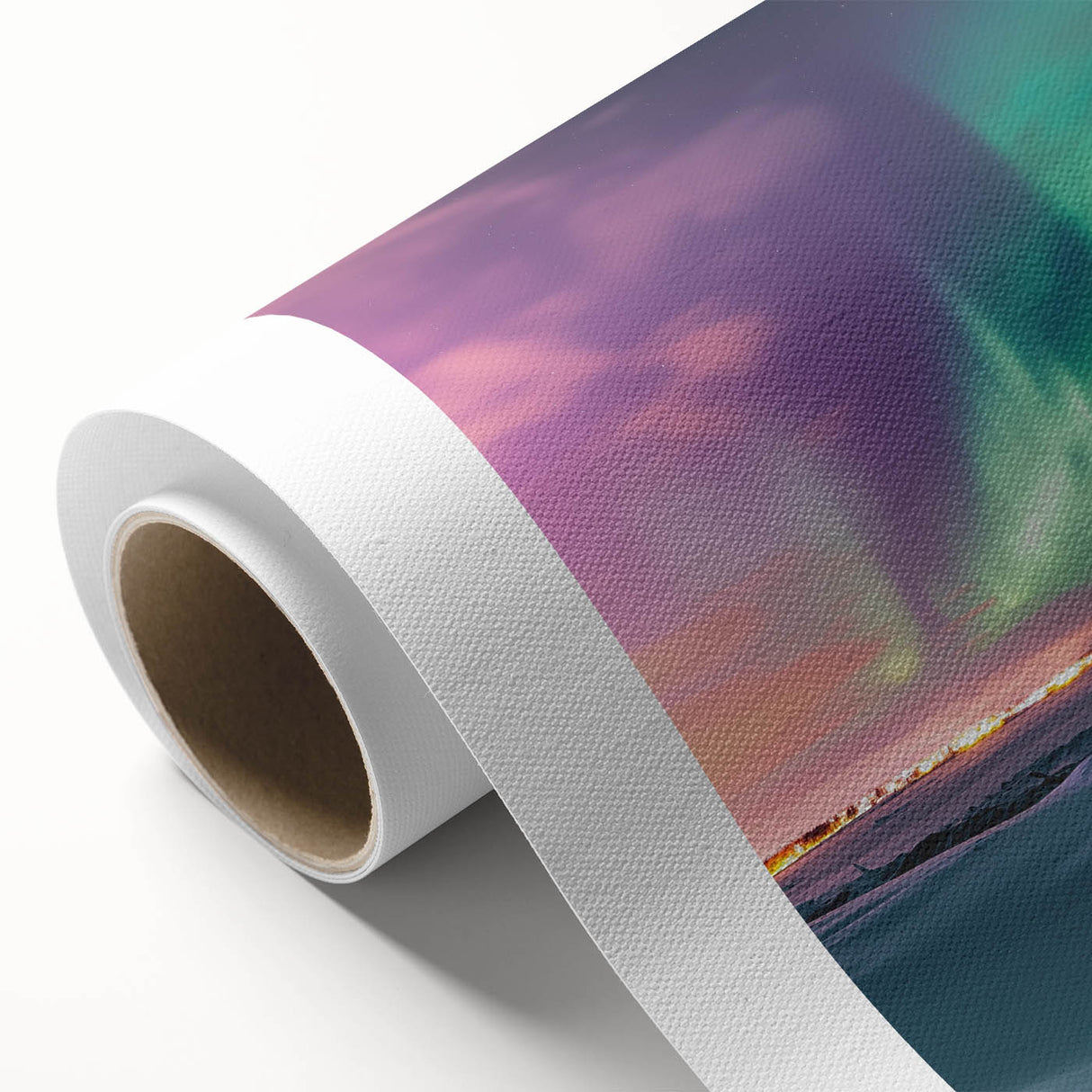 Rolled canvas print showcasing a picturesque countryside landscape with vibrant colors and detailed textures, elegantly packaged in a protective cardboard tube for art enthusiasts.