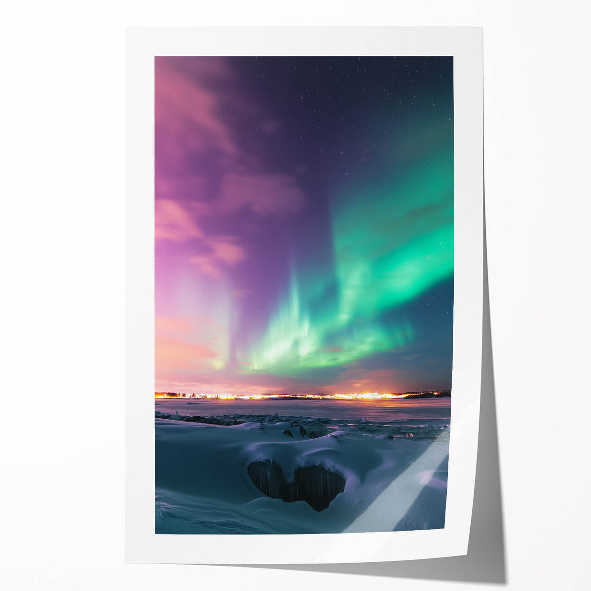 Rolled print showcasing a serene countryside landscape with lush greenery and rolling hills, elegantly packaged in a protective cardboard tube for safe delivery.